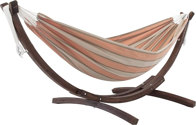 Vivere Double Sunbrella Hammock with Solid Pine Arc Stand - 450 lb Capacity, Durable FSC Wood Frame, Includes Hardware & User Guide - 450 lb Weight Capacity (Cameo)