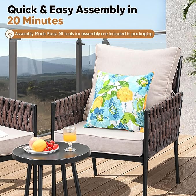 JOYURE 3-Piece Patio Furniture Set, Armchairs with Coffee Table,Modern Wicker Outdoor Conversation Set with Waterproof Thick Cushion for Deck,Backyard,Porch,Beige
