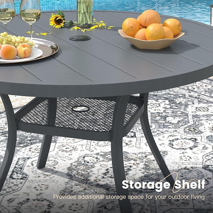 VICLLAX Round Patio Dining Table for 4-6, Outdoor Metal Dining Table with Umbrella Hole for Deck Lawn Garden Backyard, 47.2" Dark Grey