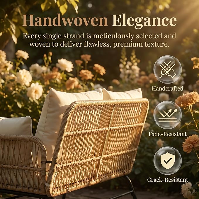 BULEXYARD 3 Pcs Boho Outdoor Patio Furniture Sets, L Shaped Natural Color Wicker Conversation Sectional Sofa w/Cozy Beige Cushion for Backyard, Porch, Deck, Garden, Balcony