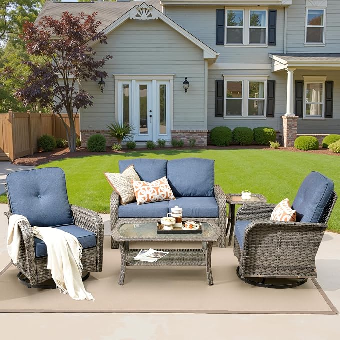 5 Pieces Patio Conversation Sets,Patio Furniture Set with Swivel Rocking Chairs and Coffee Table, All Weather Rattan Wicker Small Outdoor Sectional Furniture Set with Loveseat for Porch Balcony Blue