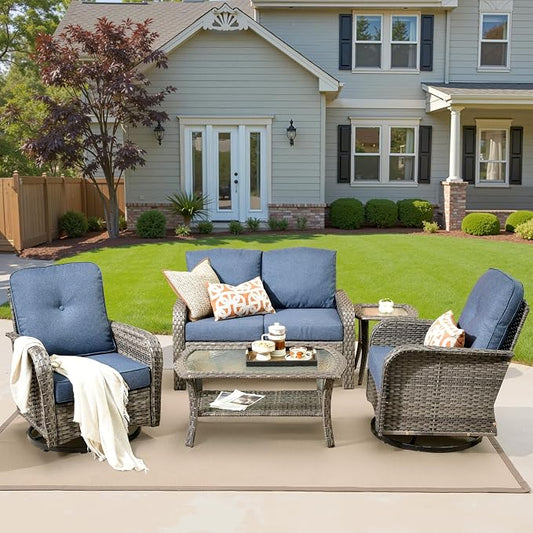 5 Pieces Patio Conversation Sets,Patio Furniture Set with Swivel Rocking Chairs and Coffee Table, All Weather Rattan Wicker Small Outdoor Sectional Furniture Set with Loveseat for Porch Balcony Blue