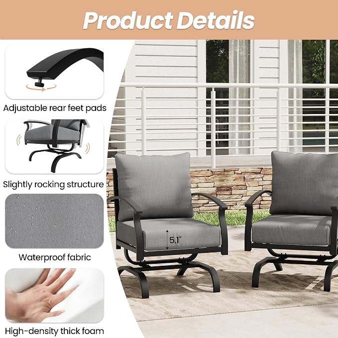 Metal Patio Furniture Set,2 Pieces Patio Sectional Outdoor Furniture Set with 2 Chairs,Patio Conversation Sets with 5.1" Thickened Cushions,Grey