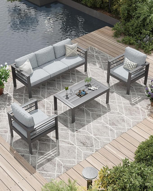 AECOJOY Aluminum Patio Furniture Set, 5 Seats Modern Outdoor Furniture with Coffee Table, 4 Pieces Metal Conversation Sectional Sofa, Light Gray