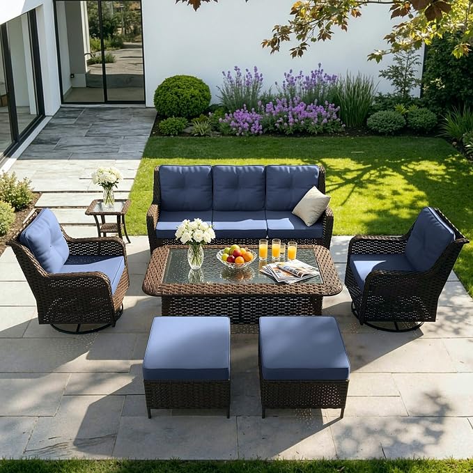 Kullavik 7 Pieces Patio Furniture Set,All-Weather Wicker High Back Outdoor Swivel Rocker Patio Chairs with Coffee Table & Thick Cushions,Paito Conversation Set for Porch,Deck,NavyBlue