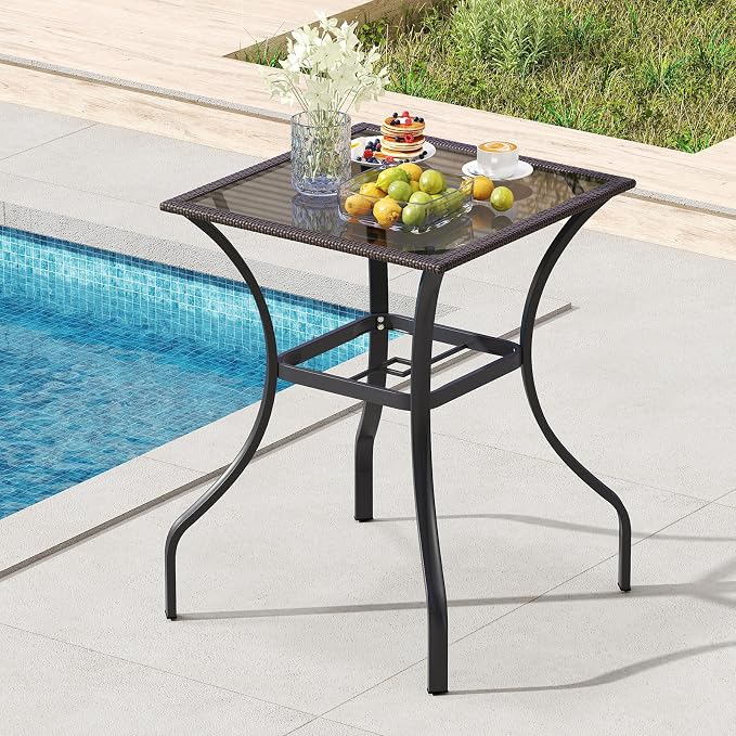 Tangkula Bistro Bar Table, 28.5" Square Bar Height Bistro Table w/ 2" Umbrella Hole, Silkscreen Glass Tabletop & Rattan Edge, Heavy-Duty Metal Legs, Outdoor Patio Bar Table for Poolside, Backyard