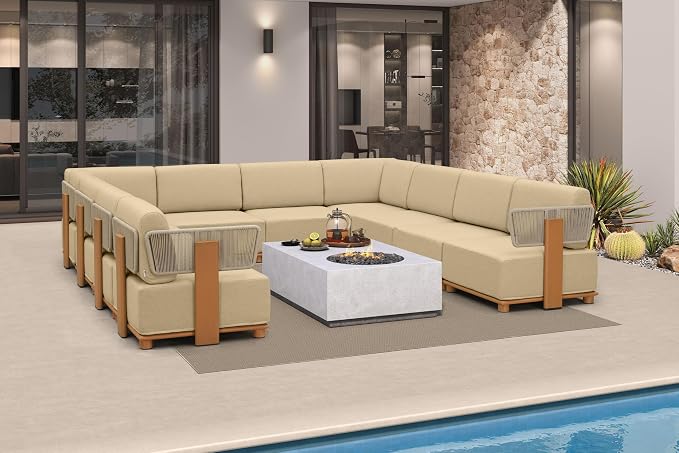 PURPLE LEAF Patio Furniture Set Modular U-Shaped Outdoor Sectional Sofa with 11" Thick Olefin Cushion 10-Piece Outdoor Conversation Set for Patio Backyard Garden Poolside, Beige