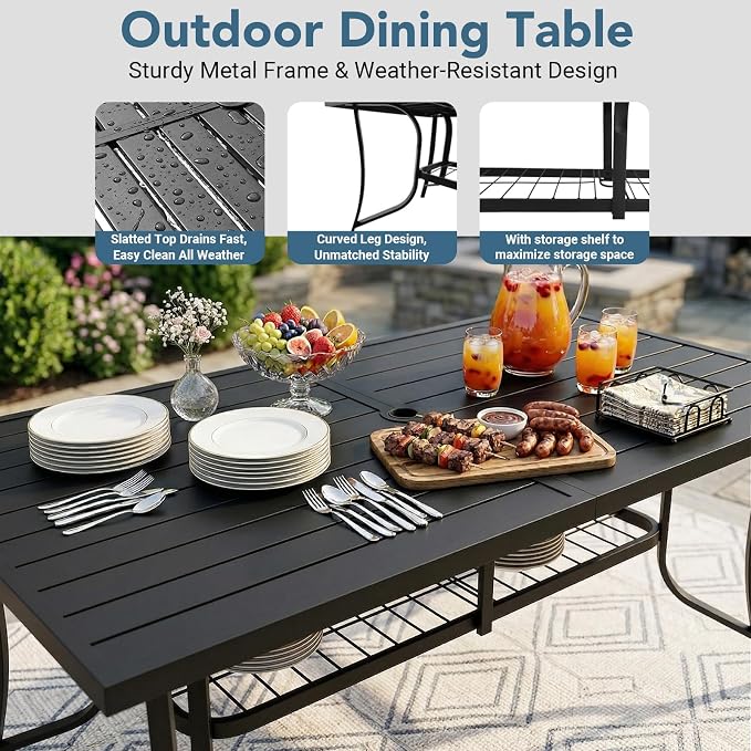 Outdoor Patio Dining Sets 9 Pieces, Large 77" Rectangular Metal Dining Table with Umbrella Hole & 8 Stackable Chairs, Weather Resistant Garden Furniture Set for Backyard, Deck, Porch
