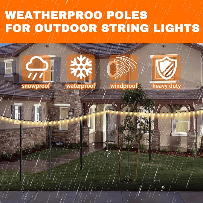 4 Pack 10Ft String Light Poles, Metal Poles with Fork for Outside Lights,Outdoor Metal Light Stand with Fence Brackets Hanging Lights for Garden Patio Wedding Backyard