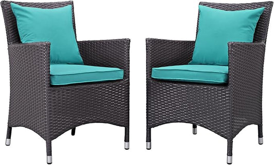 Modway Convene Wicker Rattan Outdoor Patio Dining Armchairs With Cushions in Espresso Turquoise - Set of 2