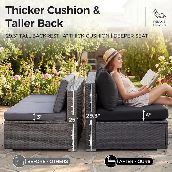 NICESOUL 11 Piece Modern Outdoor Sofa Set, 29.3'' High Back Comfy Big Size Wicker Patio Modular Sectional with Fire Pit Table & Ottoman, Rattan Conversation Furniture, Black & Gray