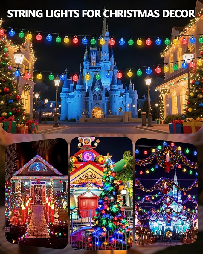 Solar String Lights Outdoor 2 Pack 64FT 100 LED Multicolor Patio Lights | Crystal Globe, IP65 Waterproof, Auto On/Off, 8 Modes Solar Powered Light for Outside Wedding Party Garden Yard Decorations