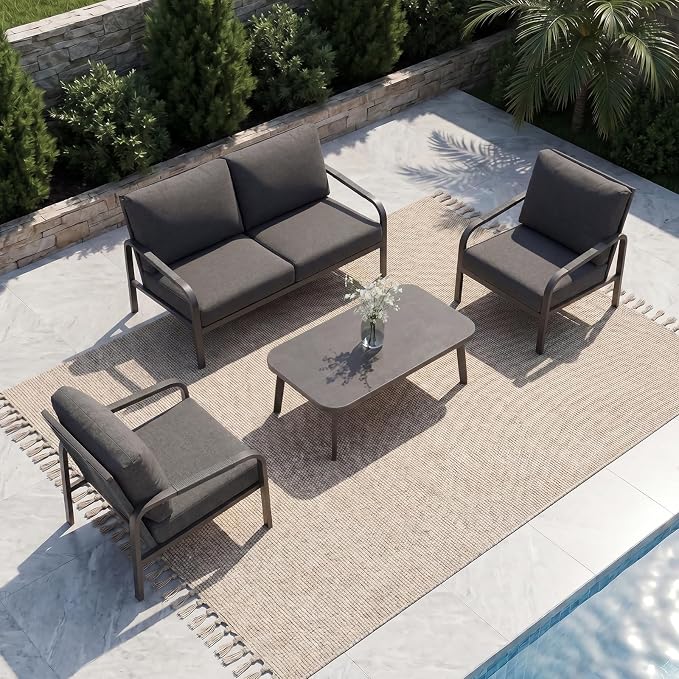 4-Piece Aluminum Patio Furniture Set, Outdoor Conversation Set with Loveseat, Chairs & Coffee Table, Deep Seating Cushions, All-Weather Metal Patio Furniture for Backyard, Balcony, Gray