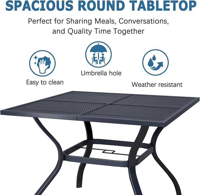 Square Patio Dining Table,All-Weather Metal Steel Mesh Patio Table with Umbrella Hole,Outdoor Dining Table for Lawn Garden Porch, Black