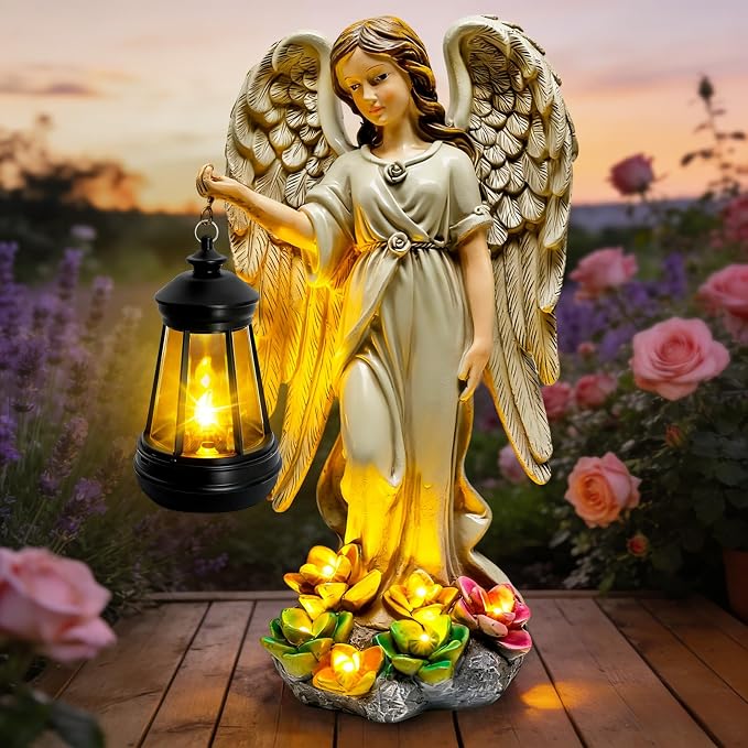 Solar Garden Statue Angel Figurine - 11.8 Inch Fairy Angel Solar Lights Outdoor with Hanging Lantern for Balcony Patio Yard Ornament, Cemetery Grave Decoration, Gifts for Women Mom, Memorial Gifts