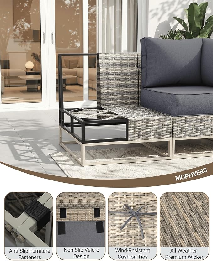 Outdoor Patio Furniture Set 8 Piece Gray PE Rattan Wicker Outdoor Sectional Sofa with Thickened Cushions and Chunky Arms, Modern Modular L-Shaped Conversation Set for Garden, Backyard, Slate Grey