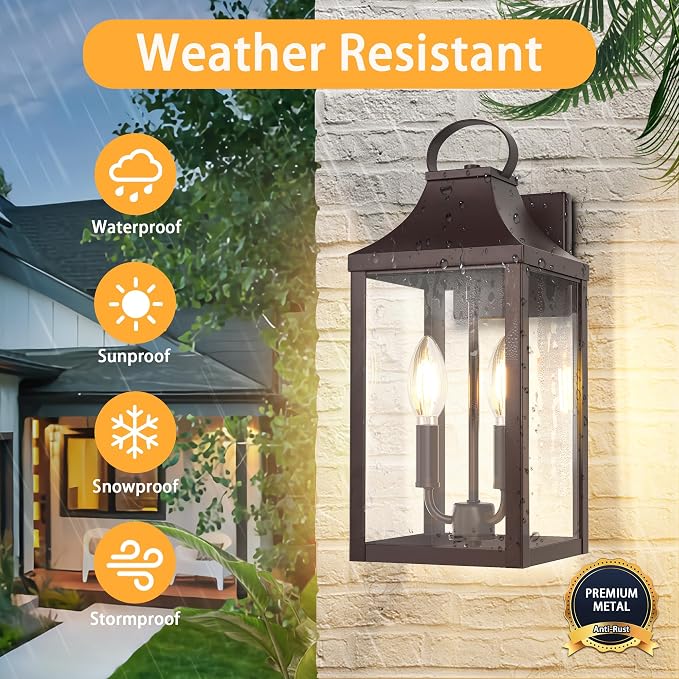 15" Outdoor Wall Lantern 2-Light, Outside Wall Sconce Light Fixture | Industrial Porch Light Wall Mount with E12 Sockets, Waterproof Modern Exterior Lamp Lighting, Brown (No Sensor)