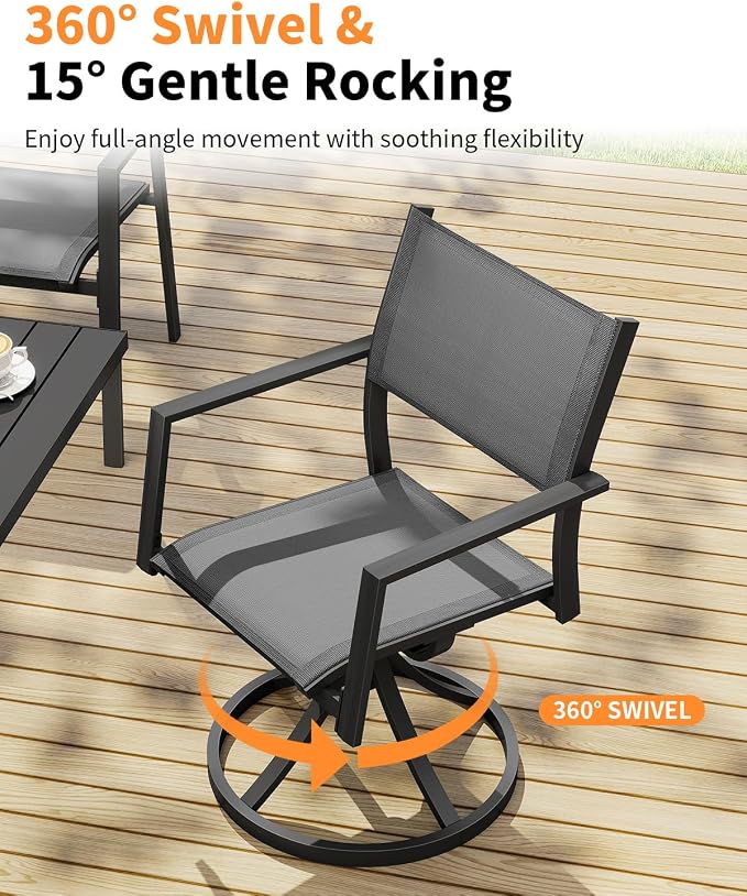 9-Piece Extendable Patio Dining Set, Never-Rust Aluminum Outdoor Dining Set with 2 Swivel Chairs, Expandable Outdoor Dining Table and 6 Stackable Dining Chairs for Porch, Lawn, Garden, Black