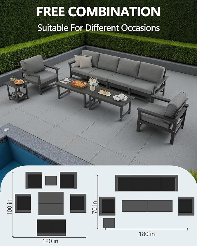 HDPE Outdoor Patio Furniture Set, 9-Piece Sofa Set with 4-Seat Couch, 2 Armchairs,Side Table & 2 Coffee Tables, Weatherproof Conversation Set with Cushions,for Garden, Porch & Backyard