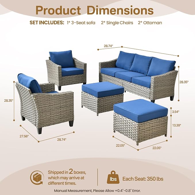 CAODOC 5 Pcs Patio Conversation Set for 7 Seats, Rattan Wicker Outdoor Patio Furniture Set, 2 x Single Chair, 2 x Ottoman, 3-Seat Sofa for Lawn Garden Backyard(Blue)