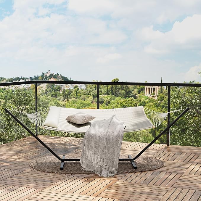 2-Person Quilted Hammock with Stand, Heavy Duty Steel Frame Hammock with Pillow, 450 LB Capacity, for Patio, Backyard, Garden, Multiple Colors