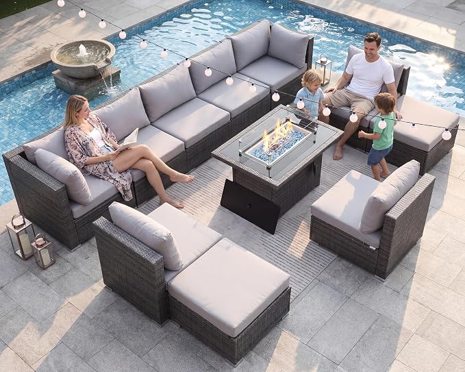 NICESOUL 11 Piece Outdoor Furniture Set with Fireplace, Luxury Big 10-Seats Patio Sectional, 29.3'' High-Back Backyard Seating Comfy, All-Weather Wicker Couch Sets for Outside, Deck, Light Grey