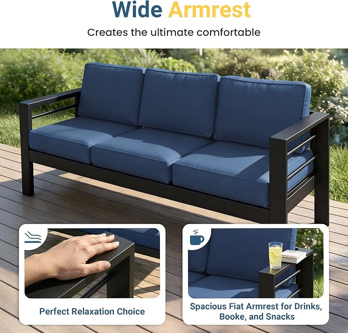 Wisteria Lane 5 Pieces Aluminum Patio Furniture Set with Umbrella, All Weather Oversized Outdoor Furniture Set with Deep Seat and Back Cushion, Patio Conversation Sets with Wide armrest, Blue & Kahki
