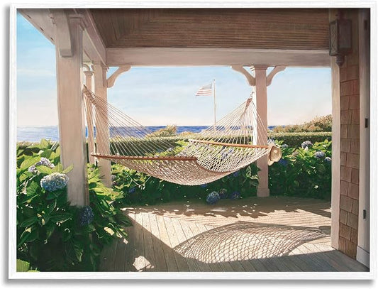 'Tranquil Hammock Warm Sunlit Porch Rural'| Framed Giclee Art | Stupell Industries | White, 14 x 11 Inches, Easy to Hang and Sturdy, Made in USA, by Tom Mielko