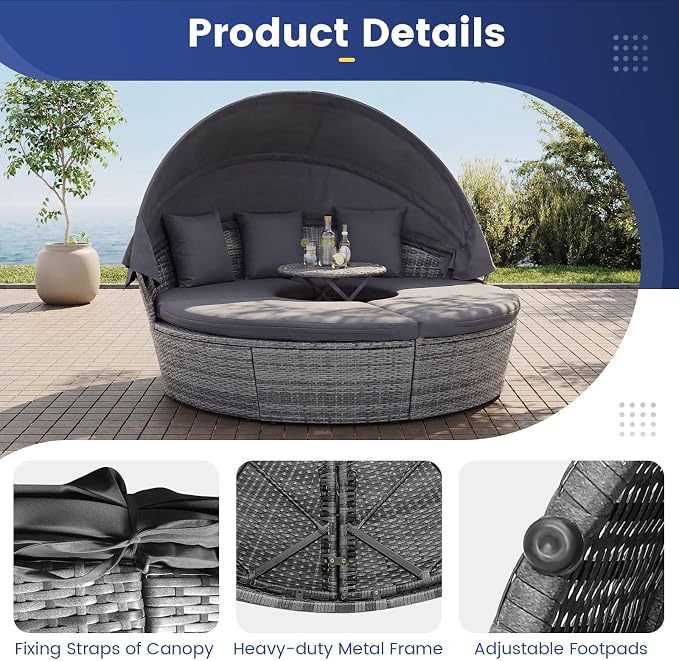 RELAX4LIFE Round Outdoor Daybed with Canopy, Rattan Wicker Sectional Sofa Set w/Cushions, Height Adjustable Table, Conversation Bed Lounger Separated Seating for Outside Pool, Patio Daybed (Grey)