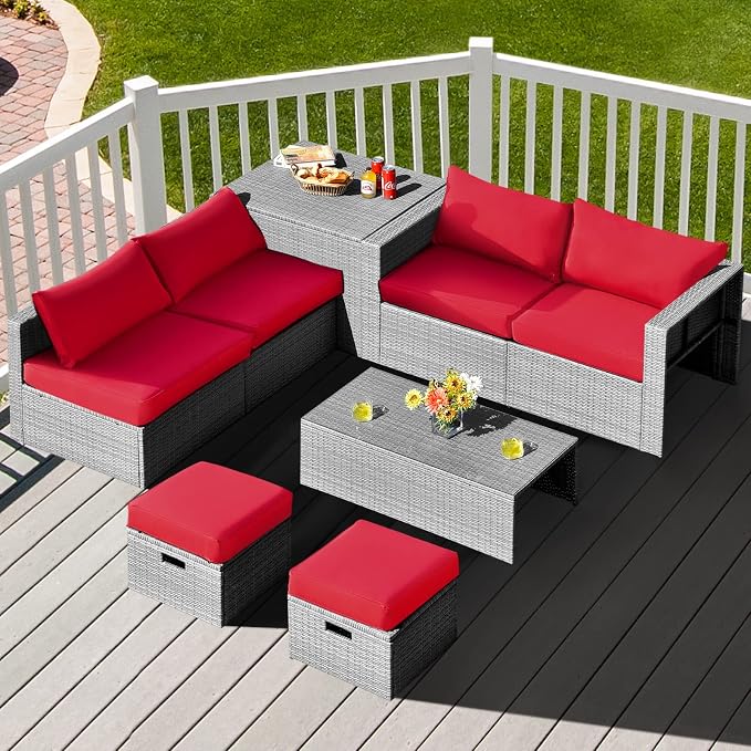 DORTALA 8 Pieces Patio Furniture Set, PE Rattan Sectional Sofa Set with Tempered Glass Table & Waterproof Cushions, Outdoor Wicker Conversation Set for Balcony, Poolside, Red