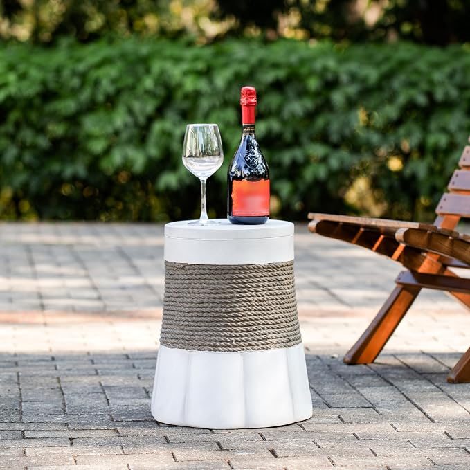 Concrete Outdoor Side Table with Rope Detail, Round Accent Table, Modern Patio End Table for Backyard Garden Balcony Living Room