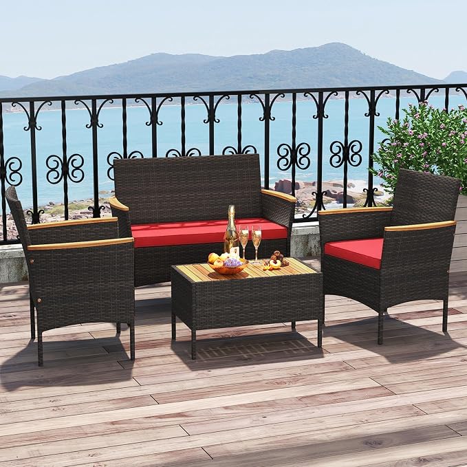 Tangkula 8 Pieces Patio Wicker Sofa Set, 2 Rattan Chairs & Loveseat w/Coffee Table, Acacia Wood Armrests & Tabletop, Outdoor Cushioned Conversation Set for Backyard, Poolside (Red, 8 Pieces)