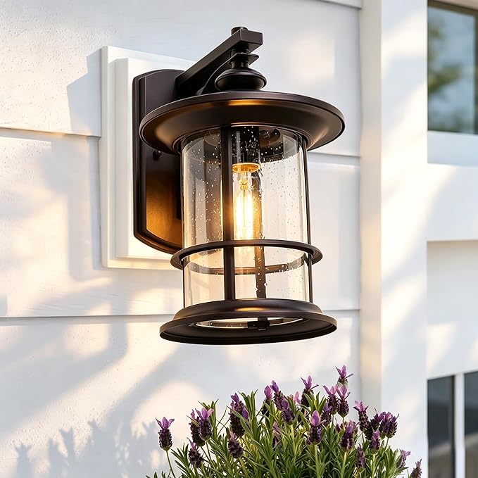 MICSIU 12.5" Height Large Farmhouse Bronze Outdoor Wall Light, Max 100W | 8" Wide Rustic Exterior Fixture with Clear Seedy Glass, Weatherproof Porch Light for Front Door, Garage, Gate, Patio, Deck