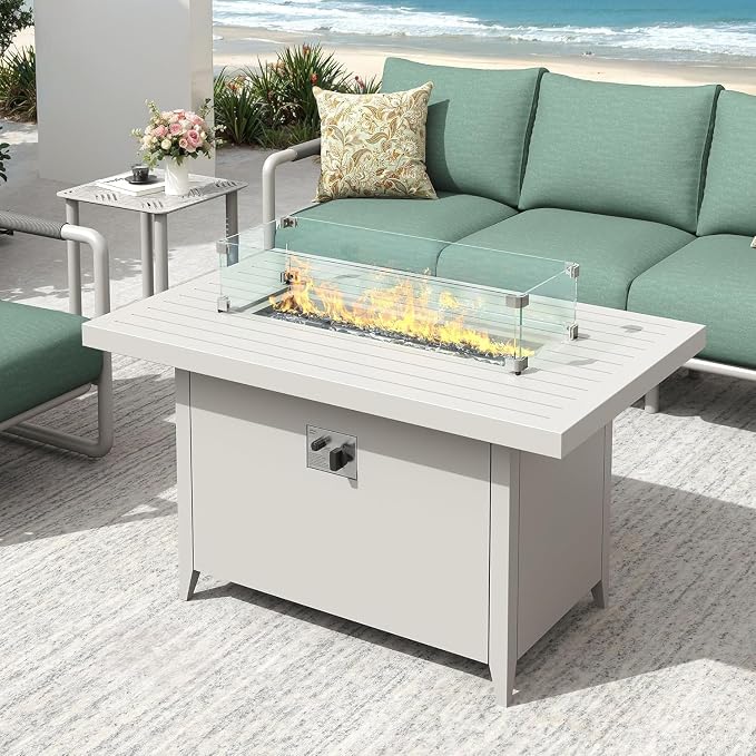 5-Seat Aluminum Patio Conversation Sofa Set with 2 Swivel Rocking Chairs & Oversized Fire Pit Table (Glass Wind Guard), All-Weather for Balcony, Garden, White