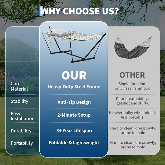 Hammock with Stand, Curved Steel Frame Outdoor Hammock for Outside Patio Backyard Porch Camping, Portable Freestanding Relaxing Hammock with Pillow, Light Gray Pattern