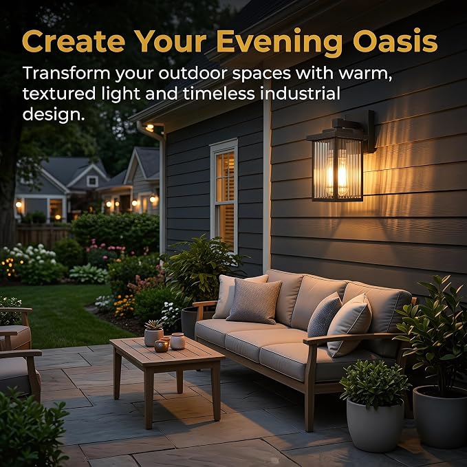 Black Wall Mount Porch Lights with Ribbed Fluted Glass | 10.6 inch, Anti-Rust Metal Frame, Tempered Glass, E26 Socket, Pre-Assembled DIY Install for Porch, Garage, Front Door