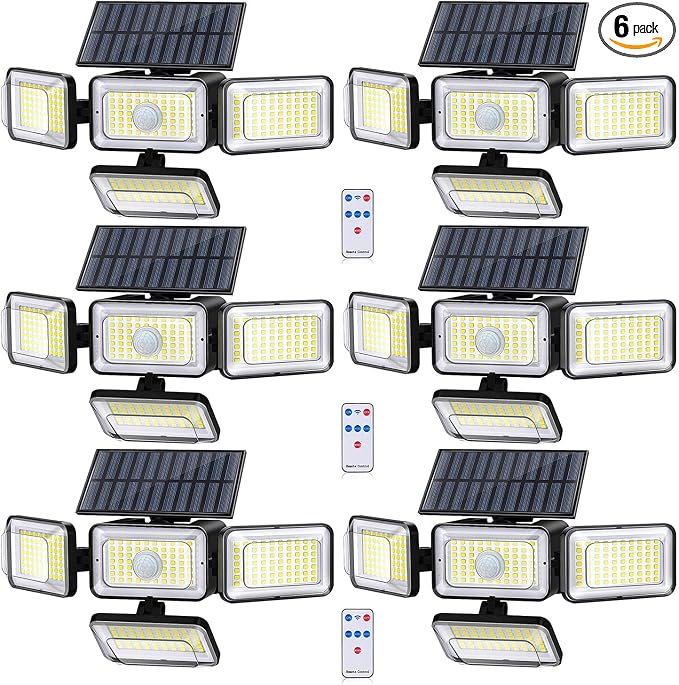 Solar Lights Outdoor, 288 LED 2800LM Motion Sensor Outdoor Light with Remote Control, 4 Heads IP65 Waterproof Solar Flood Security Lights for Outside Patio Wall -6PACK