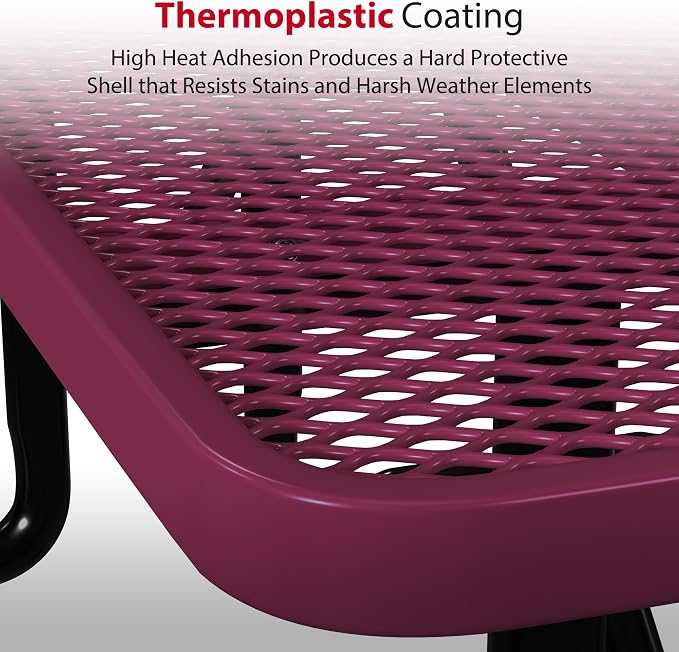 Leisure Craft Metal Picnic Table with Bench - 6 ft Rectangle Outdoor Dining Table for 6, Umbrella Hole, Weatherproof Heavy Duty Thermoplastic Coating, Commercial Grade Furniture Made in USA - Burgundy