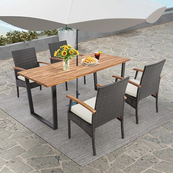 Tangkula Outdoor Dining Set for 4, Weather Resistant Heavy Duty 5 Pieces Patio Acacia Wood Table and Wicker Chairs with Umbrella Hole, Soft Padded Cushions, for Poolside, Backyard, Lawn (5 PCS)