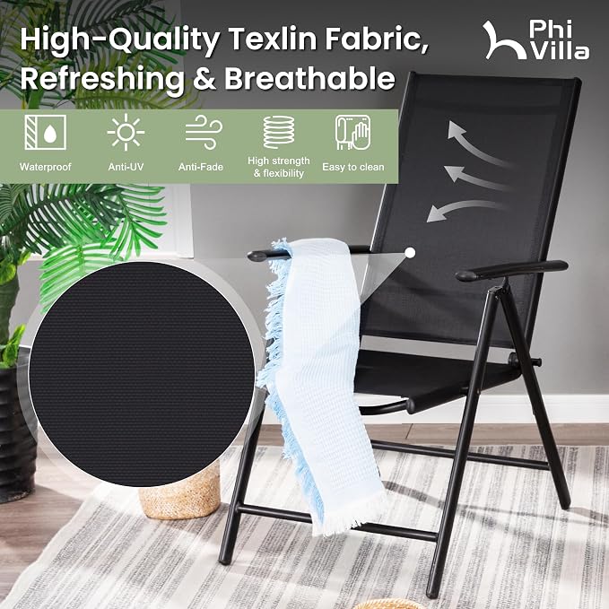 PHI VILLA Outdoor Dining Set for 8 w/Metal Table & Folding Chairs, Black | Light-weight & space-saving, Breathable & quick-drying, Rectangular, Umbrella Hole, Weather-Resistant, Adjustable, Patio deck
