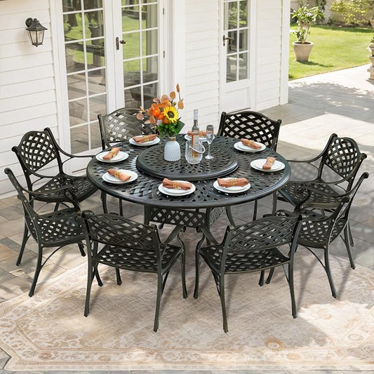 9-Piece Patio Furniture Dining Set, All Weather Cast Aluminum Outdoor Conversation Set- 8 Chairs & 61" Round Patio Dining Table with Detachable Lazy Susan, 2" Umbrella Hole, Dark Bronze