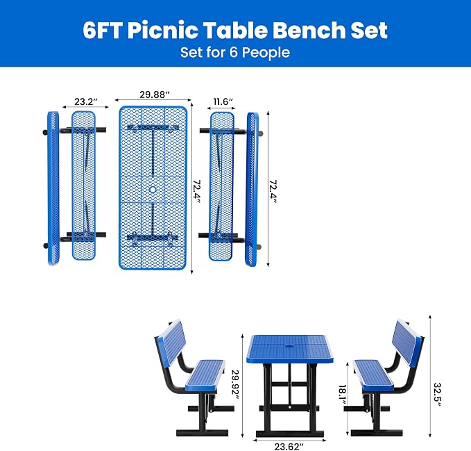 6FT Outdoor Metal Picnic Table with 2 Benches,Heavy Duty Rectangular Picnic Table Set for Outside, Waterproof Commercial Restaurant Table Furniture for Park, Campfield, Patio, Garden, Yard