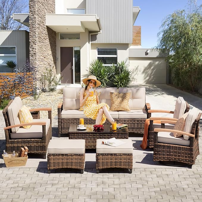 MEISSALIVVE 8 Pieces Patio Furniture Sets, PE Wicker Outdoor Conversation Sets with 2 Wood Armrests Swivel Rocker Chairs, 2 Ottomans, 2 Sofas and Coffee Table(Beige)