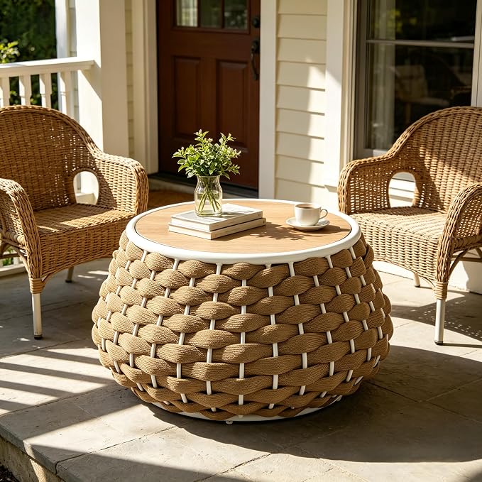 YDcosyfy Large Round Outdoor Side Table, 28 Inches Patio End Table with Removable Wood Top, Outside Coffee Table, All-Weather Metal Frame, Hollow Out Bottom Storage, for Balcony, Porch, Garden, Brown