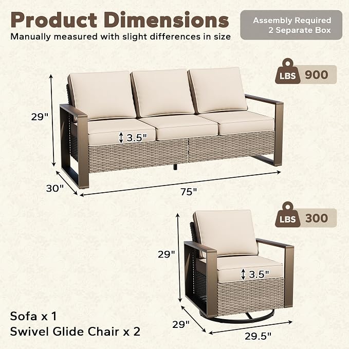Wicker Patio 75" Sofa Set with 2 Swivel Chairs, All Weather Rattan Outdoor Conversation Furniture Set with Wood-Looking Metal Armrest & Removable Cushions for Backyard Porch, Beige