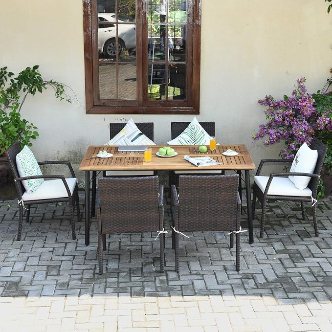 COSTWAY 7-Piece Outdoor Patio Furniture Set, Rattan Dining Table & Chairs with Cushions, Umbrella Hole & Tempered Glass Tabletop, Modern Garden Rattan Set for Backyard, Poolside, Balcony (White)