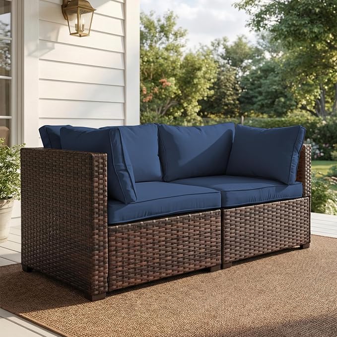 2 Pieces Patio Furniture Set, Outdoor PE Rattan Sectional Sofa with Soft Cushions for Backyard, Porch, and Poolside (Blue, 2 PCS)