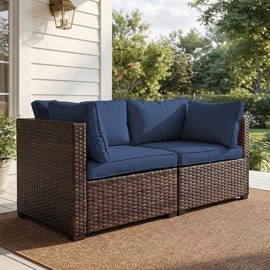 2 Pieces Patio Furniture Set, Outdoor PE Rattan Sectional Sofa with Soft Cushions for Backyard, Porch, and Poolside (Blue, 2 PCS)