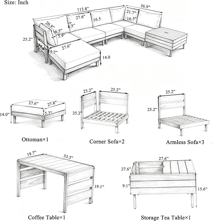 8-Piece Acacia Wood Outdoor Patio Sofa Set, Modular Sectional Furniture Set with Storage Tea Table, Coffee Table and Cushions for Backyard, Poolside, Indoor&Outdoor,Beige