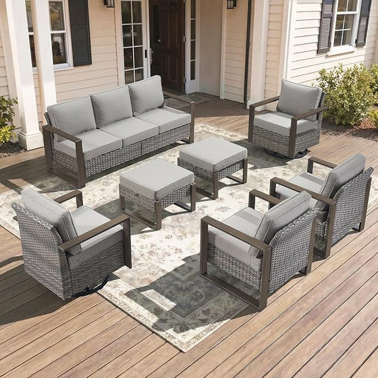 7-Piece Outdoor Patio Furniture Set with Swivel Chairs & Rattan Chairs, All-Weather Wicker Sofa Set for Garden, Yard, Porch and Poolside Seating, Grey/Grey